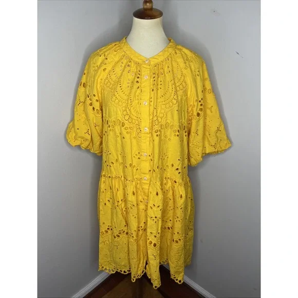 By Anthropologie Yellow Tallulah Eyelet Mini Dress XL - Picture 1 of 9